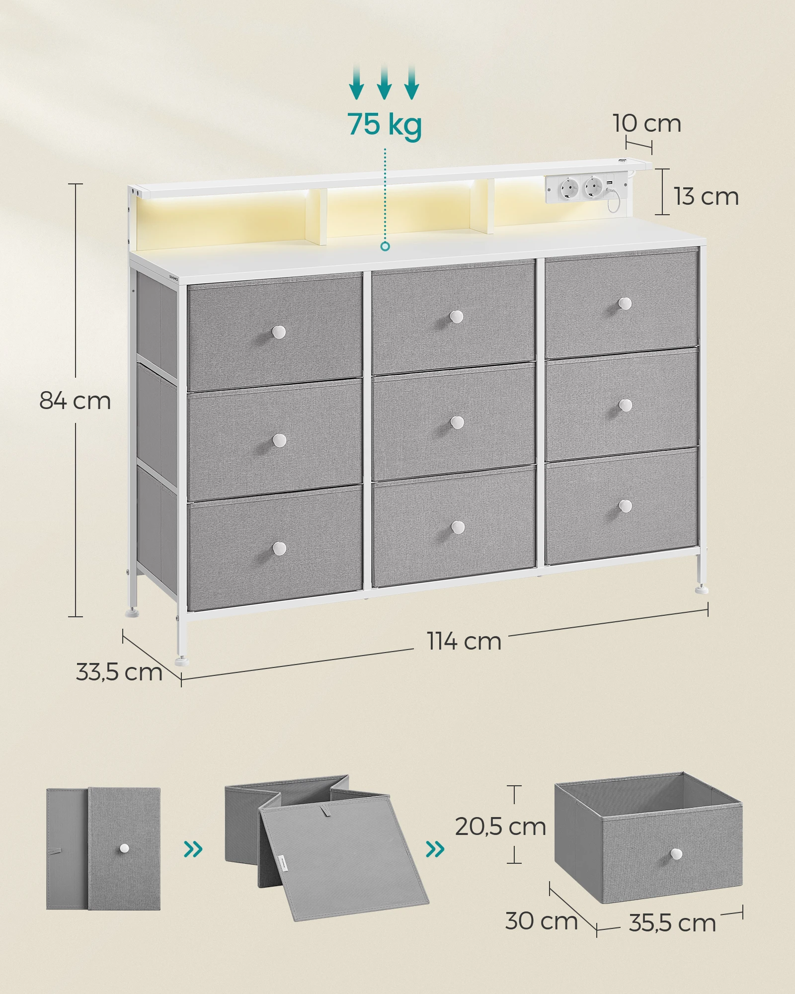 SONGMICS Charge Vertical Customizable Chest of Drawers with LED lights Modern 9-Drawer Fabric Storage Tower Dresser