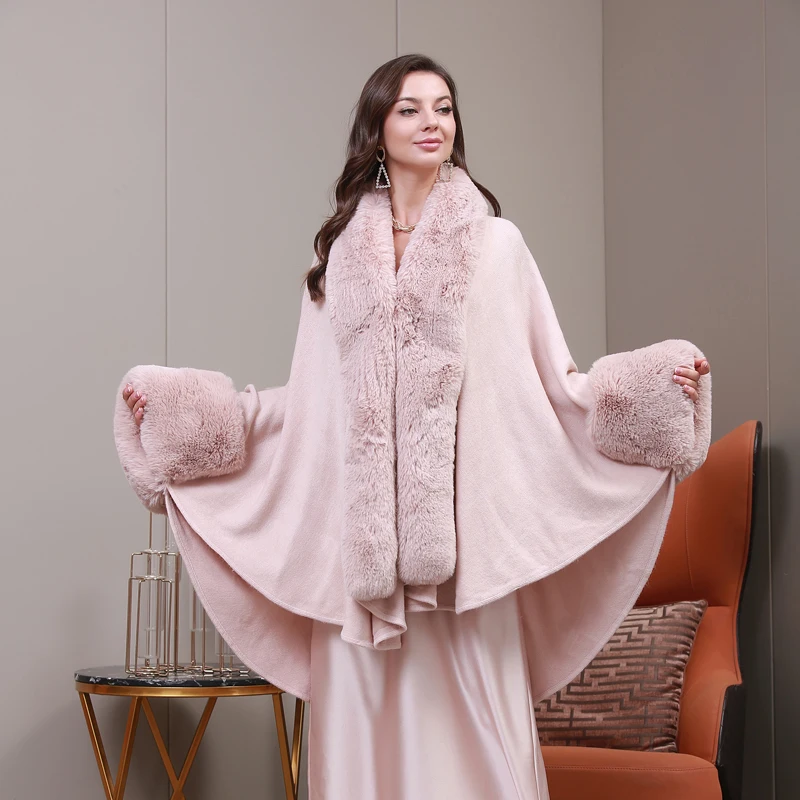 Women Warm Cloak Coat Customize Fur Collar Ladies Thick Cape Shawls Winter Temperament Crochet Poncho Shawl With Faux Fur Trim