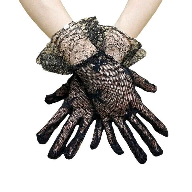 Fashion Short Wedding Bridal Gloves Black Nylon Fishnet Mesh Elastic Lace Wrist Gloves for Ladies women party gloves
