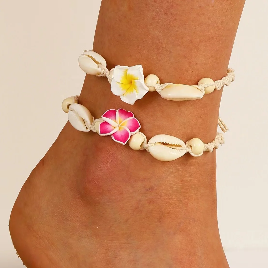 Shell anklet Wax rope woven sea shell foot decoration Hawaii Beach polymer clay flower ankle bracelets for womenmen