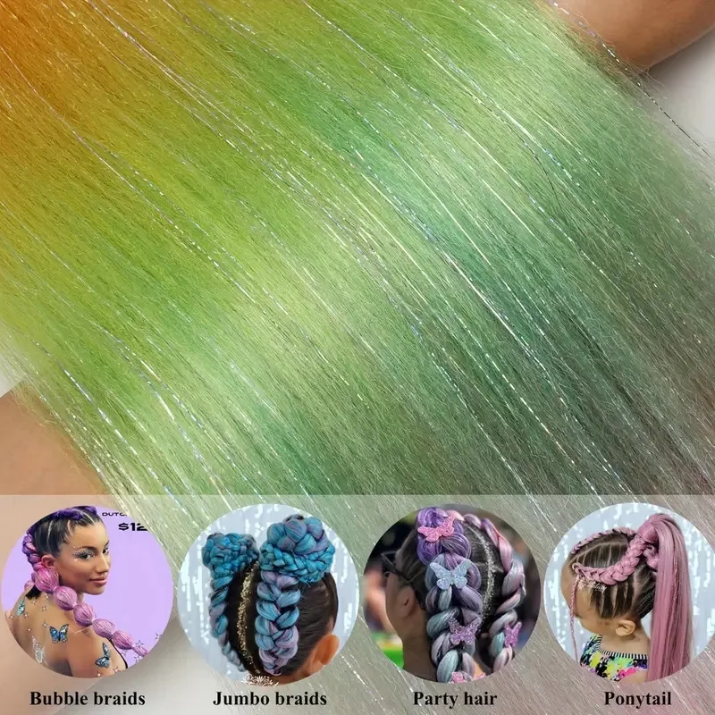 Long Straight Colorful Synthetic Crochet Hair Extensions Pre-Stretched Braiding Hair Mix Tinsel with Pre-Stretched Braiding Hair
