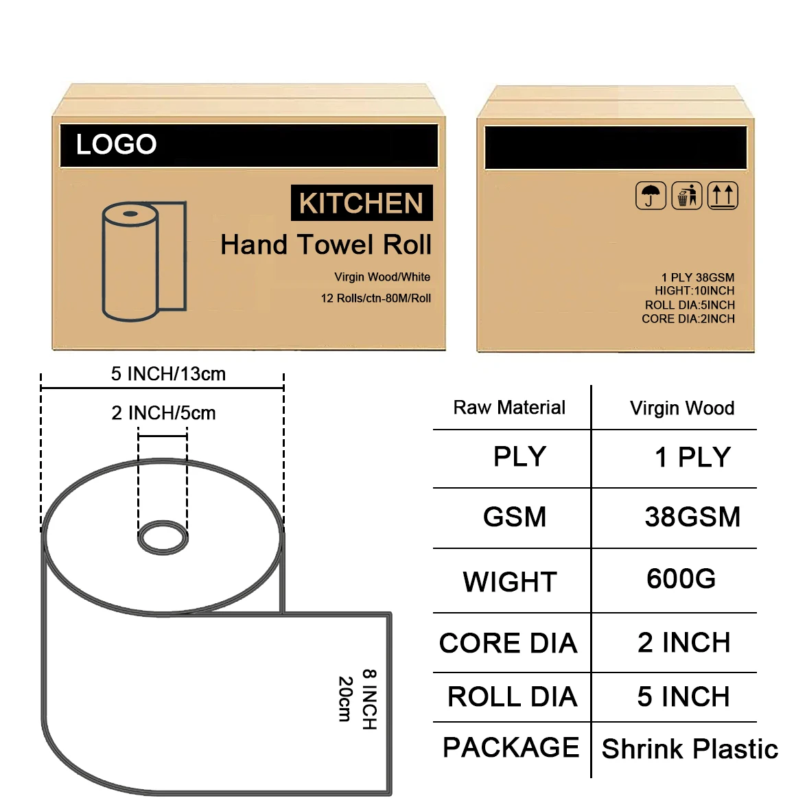 100% Virgin Wood Pulp Paper Towel Manufacturer 38GSM 600G Hand Towel Roll Commercial Paper Towel Roll