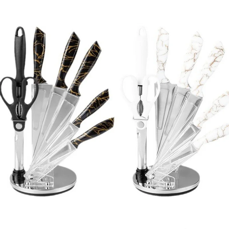 Stainless Steel Chef Knife Kitchen Knife Fruit Scissors Combination Spray Paint Rotating Seat 8-Piece Knife Set