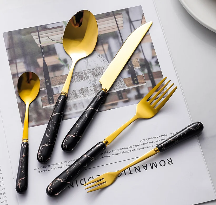 Dropshipping Decorated Ceramic Handled Stainless Steel Flatware Gilded Hand Grip Cutlery Set Spoons Forks Knives for Restaurant