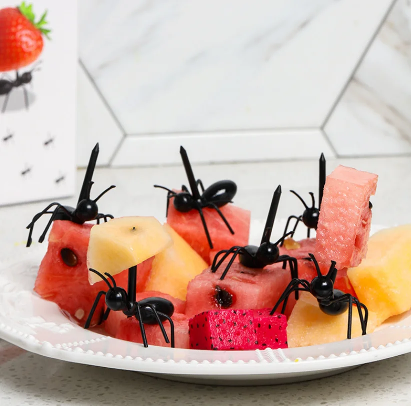 6 Pcs ABS Ant Moving Creative Shape Fruit fork Party Dessert Bread Stick For Bento Box Decoration Stick