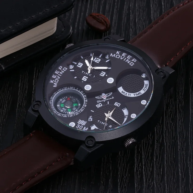 Fashion dual movement outdoor military compass watch waterproof belt quartz watch