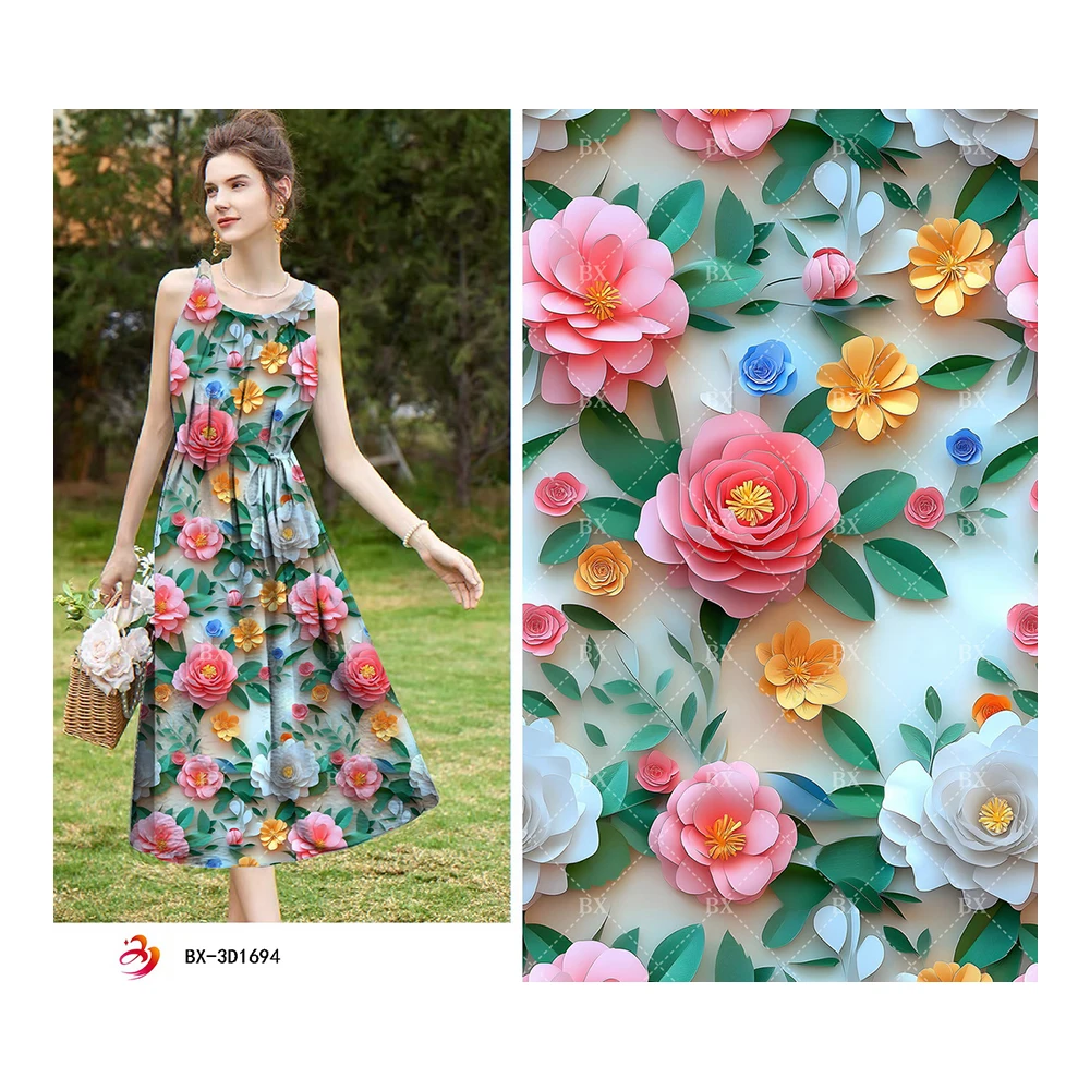 Wholesale Breathable Digiatl print 100D 95% Polyester 5% Spandex Custom Floral Printed 4 way Stretch Fabric for dress