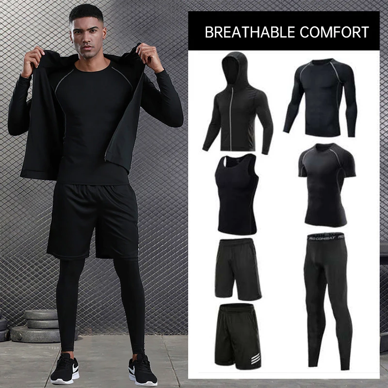 7 Piece Set Men Gym Athletic Wear Fitness Custom Sweatsuit Sportswear Running Workout Sets Tracksuits Jogger Suit with Logo
