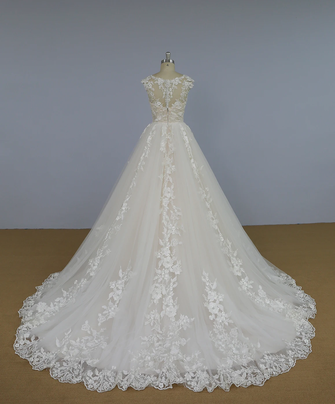 Soft pink bridal dress cap sleeves beaded lace wedding