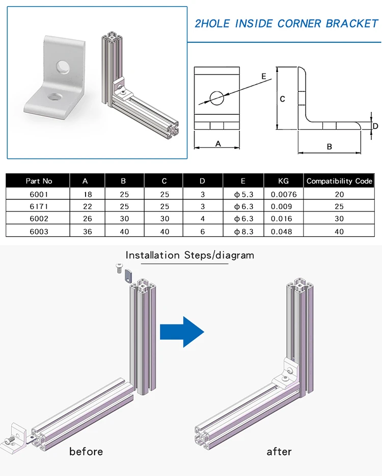 6002  2 hole inside 90 degree  corner bracket 30series L shape bracket part nice cnc connector for aluminium profile 3030