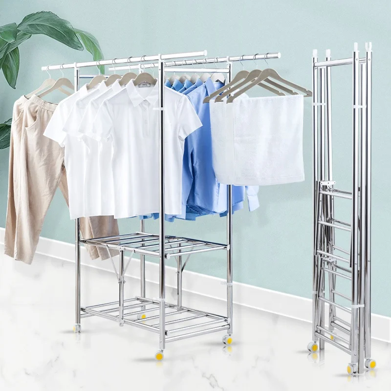 Free Of Installation Floor Standing Folding Stainless Steel Clothes Drying Pole Rack With Universal Wheels