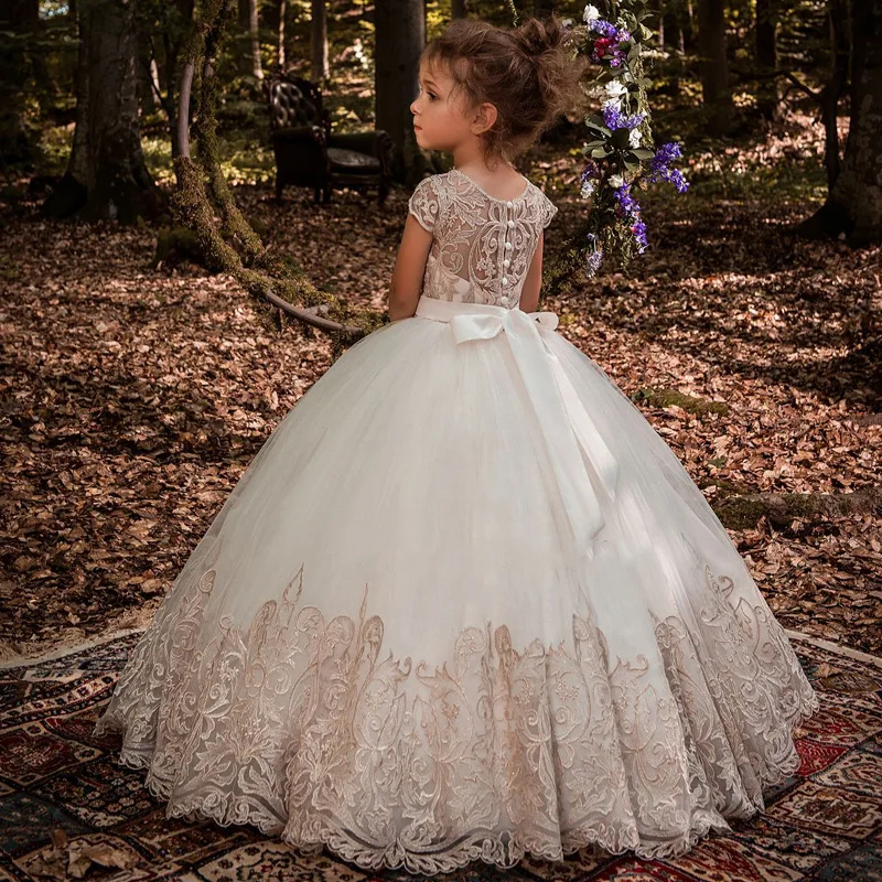 Fashion Hot Sale Photo Kids Clothes White Wedding Party Dresses Little Girls Short Sleeve Lace Ball Gown Chiffon Floral Support