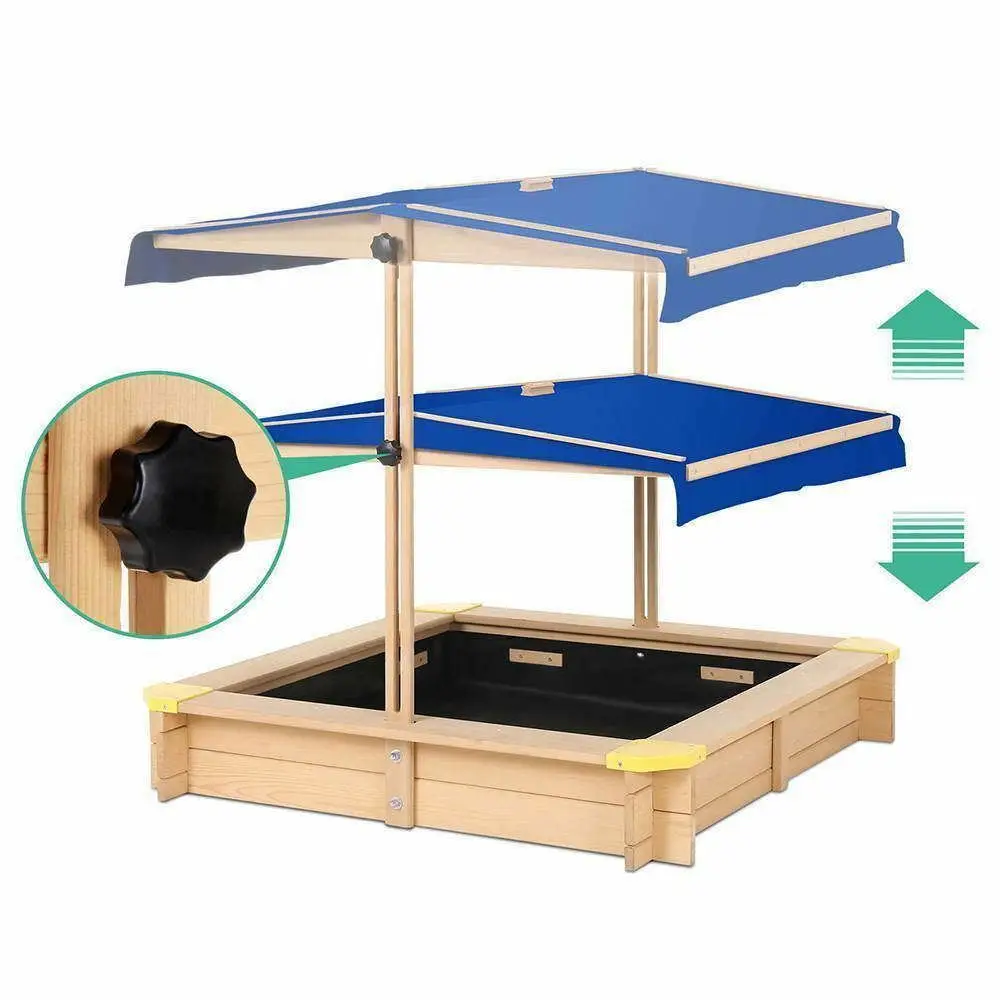 Outdoor Wooden Sandbox Complete Beach & Sand Toys Sand Pit Set with Plastic Box and Canopy for Kids