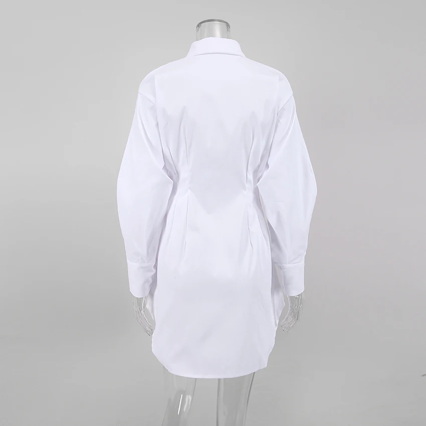 OOTN A-Line Single Breasted Casual Dresses Turn-Down Collar High Waist Solid Long Sleeve Mini Dress Autumn Pleated Shirt Dress