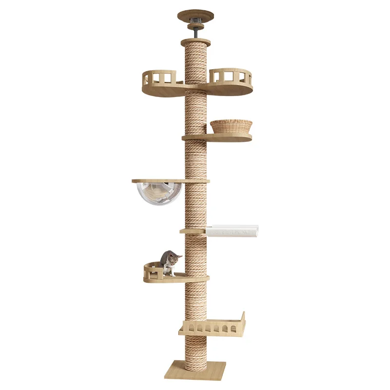 Large wood cat scratching post tree with condo for indoor cats