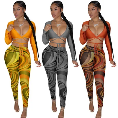 2021 Fall Fashion Women Clothes Sexy V Neck Bandage Crop Top 2 Piece Print Mesh Legging