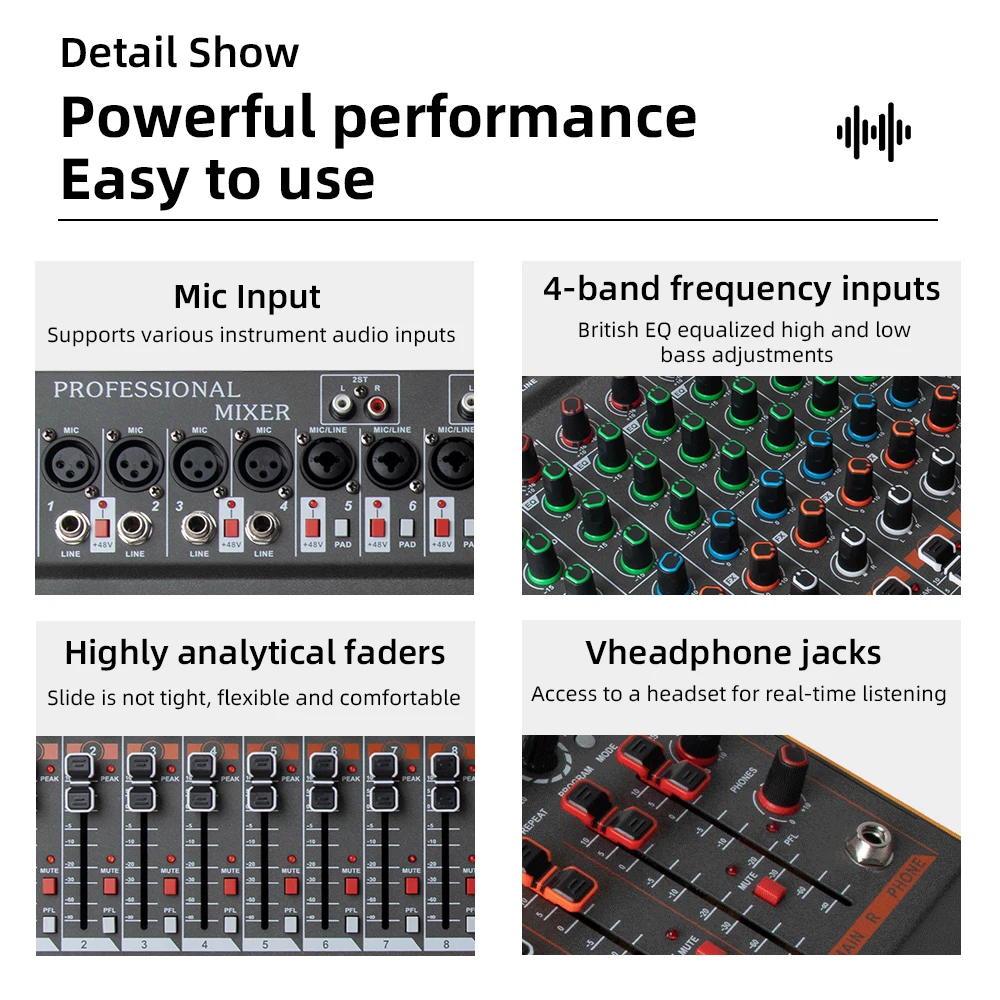 8 Channel Mixing Console USB Bluetooth Reverb Monitor Mic Input Mixer with LED Display 99 DSP Effects MP3 Player DJ Controller