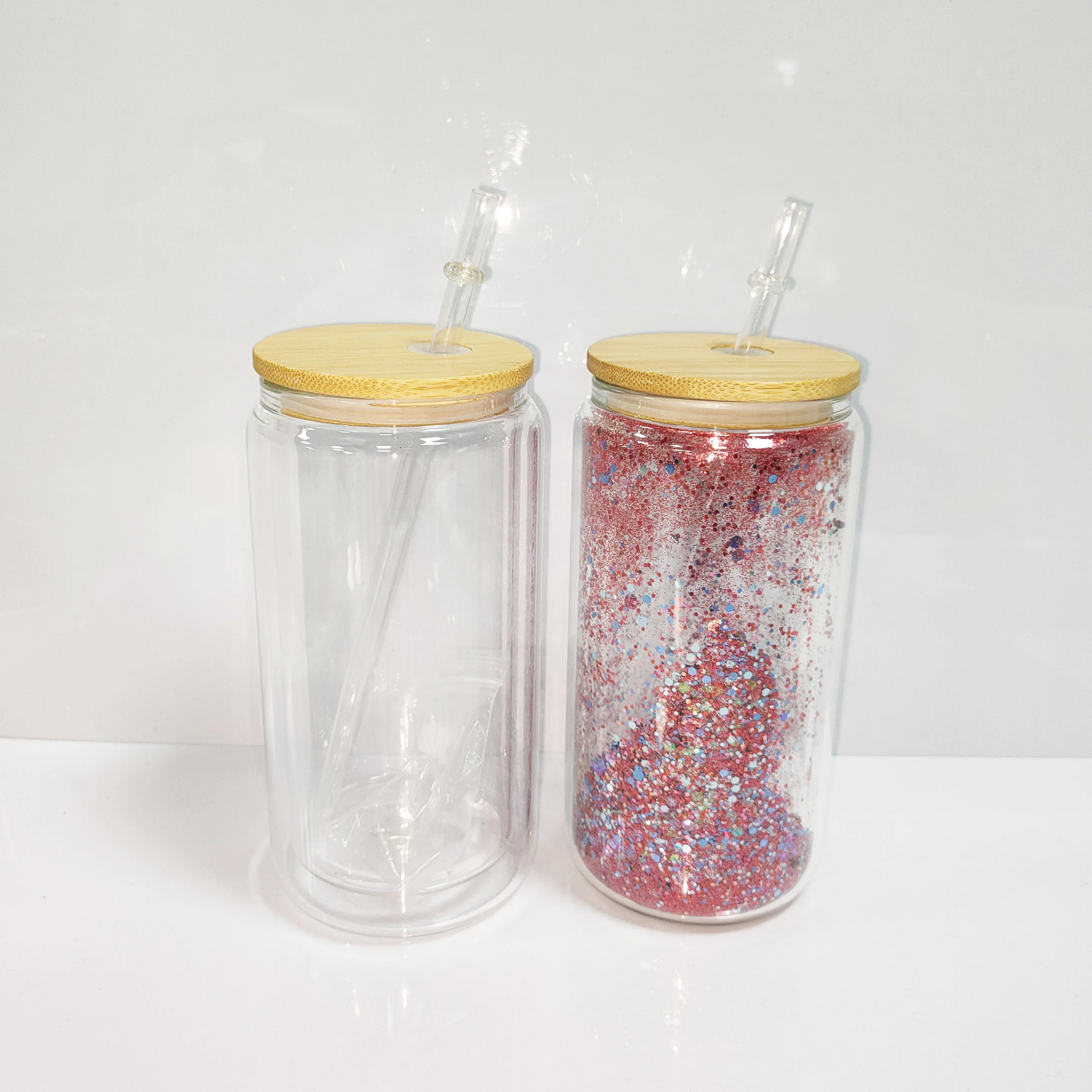 USA Warehouse wholesale 12oz 16oz 20oz clear sublimation double wall tumbler Beer can glass cup jars with bamboo lid and straw
