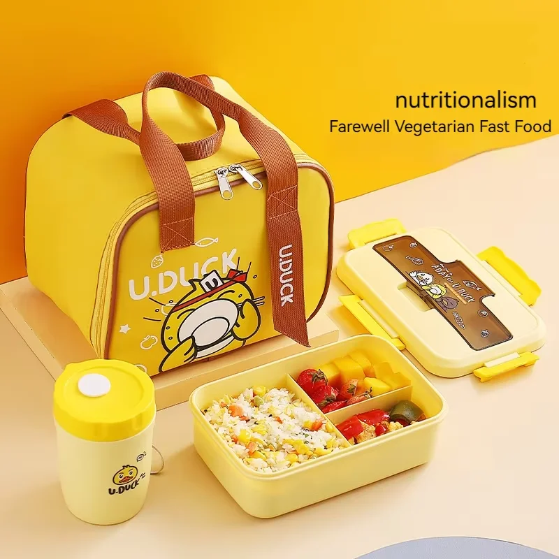 Small Yellow Duck Microwaveable Heating Students Work With Lunch Box Set Compartment Fruit Sealed Lunch Box