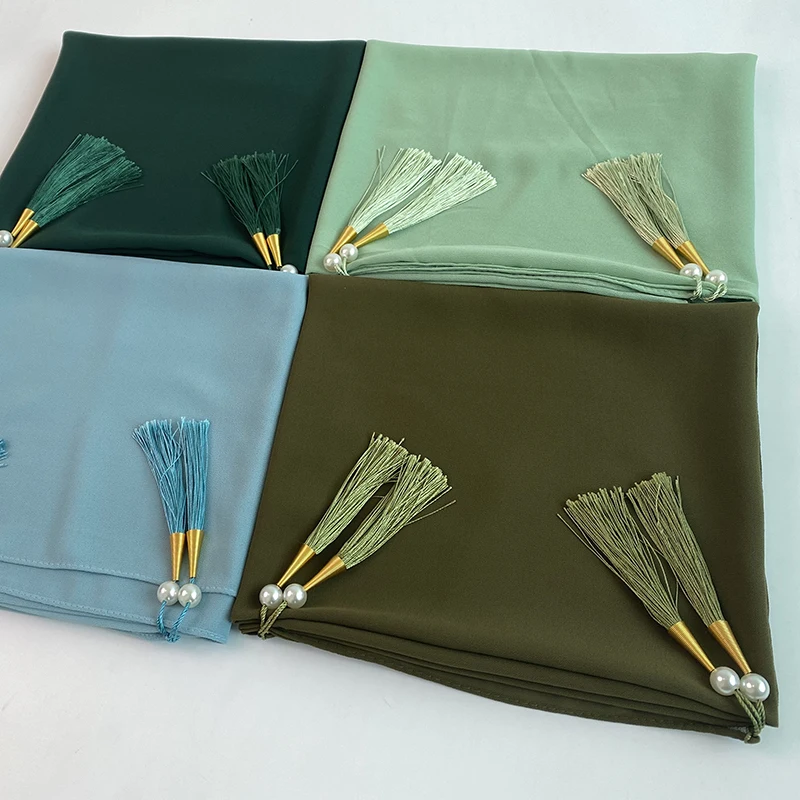 5pcs/Box Chiffon Hijab Beaded Pearls Scarf With Tassel Solid Color Muslim Shawls Headband Islamic Headscarf Box Foulard