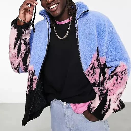 OEM custom high quality warm zip fly pocket jacket for man oversized colorful scenic digital print jacket sherpa
