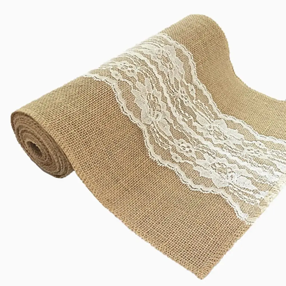 Factory Hemp Linen Lace Embroidered Burlap Roll 100% Jute Fabric Lace Ribbon for Decoration