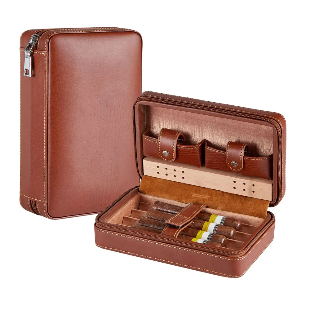 Коричневая Кожаная Дорожная деревянная коробка для сигар, увлажнитель, лоток из кедра, аксессуары для дома и офиса, подарок для мужчин