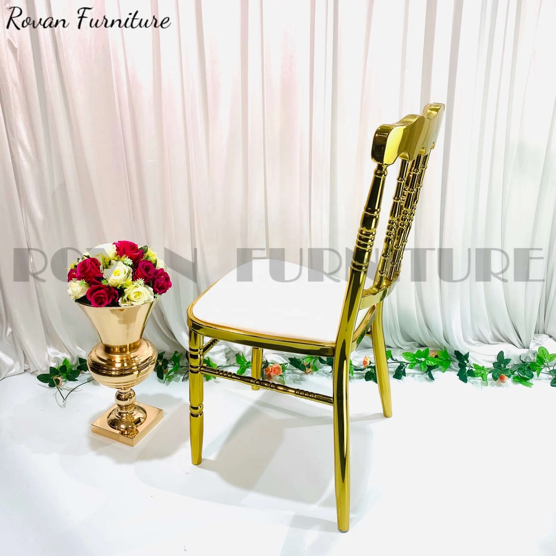 Mid Century Modern stainless steel upholstery Dining white leather napoleon chiavari chair gold stackable wedding event Chair