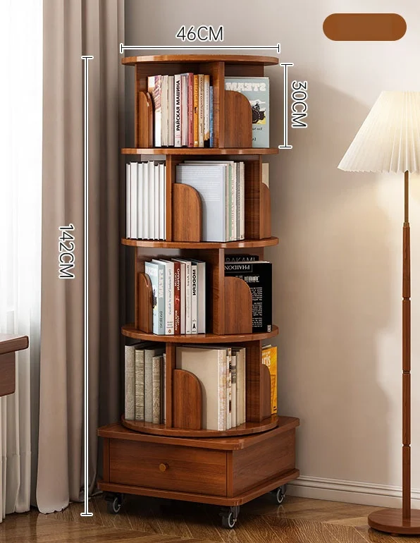 Rotating 360 Degrees Wooden Bookshelf Home Living Room Movable Student Cabinet with Wheels Wall Bookcase for Villa