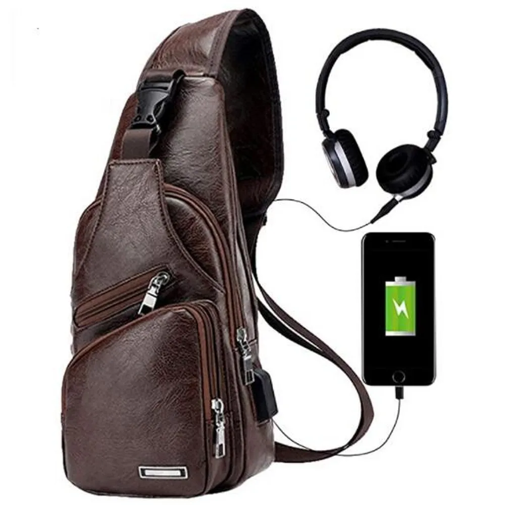 Mens Pu Leather Chest Bag Travel Intelligent Charge Sling Backpack Casual Carrying Usb Charger Crossbody Messenger Shoulder Bag