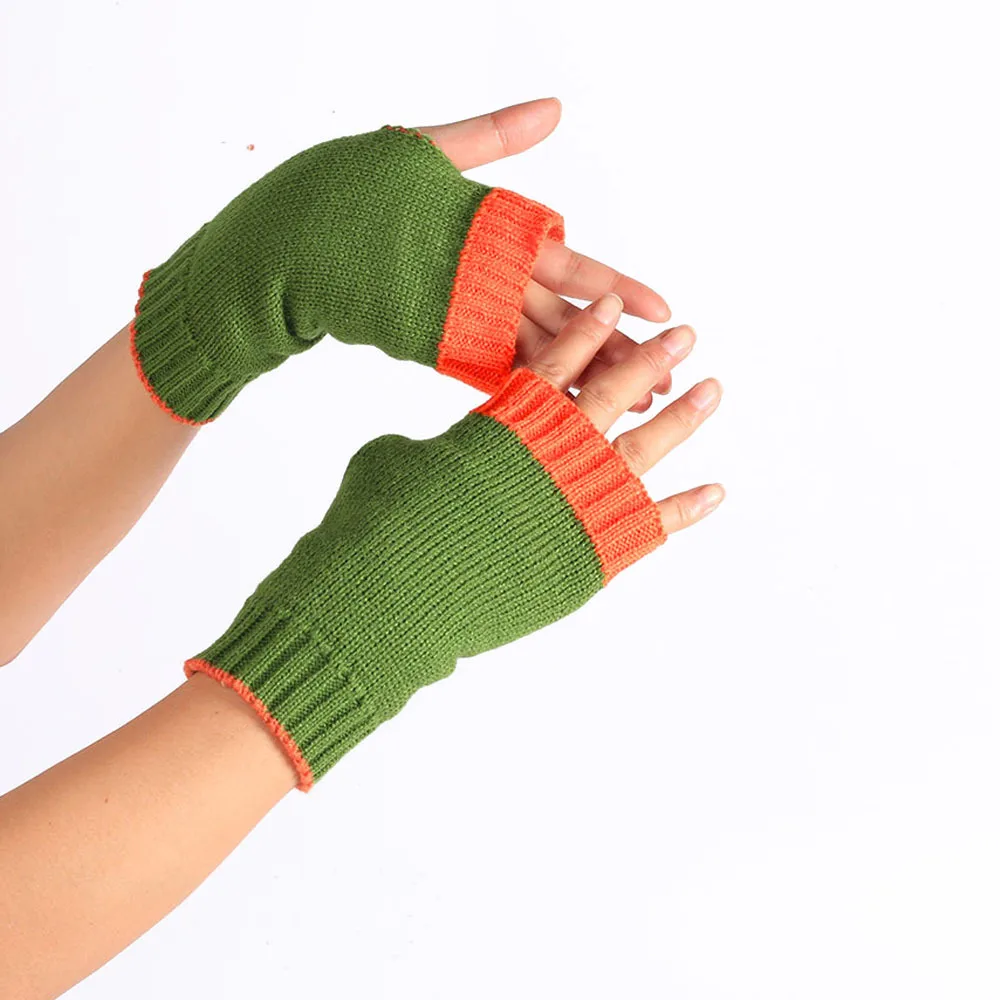 2020 Europe and the United States new autumn and winter simple color matching two-color wool fingerless thick gloves