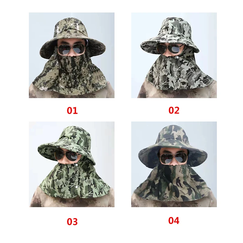 QJC205 Men Camouflage Outdoor UPF50 Summer Sun Hat Wide Brim Rolling up Fishing Hat Neck Flap Bucket Hats