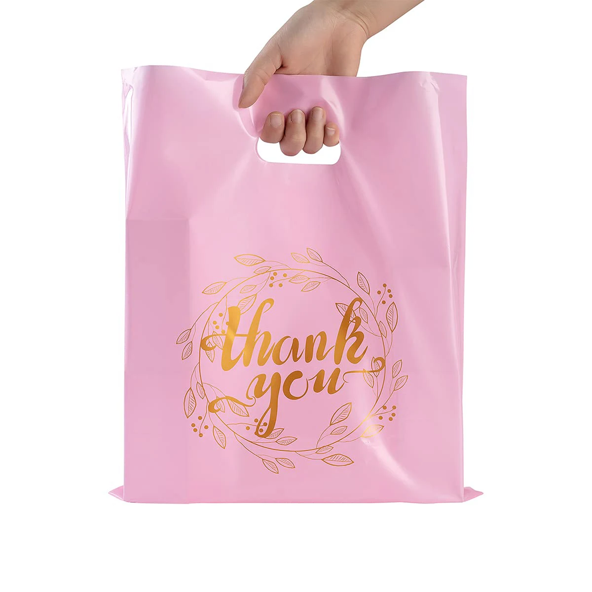 Customized Packing Biodegradable Shopping Bags LDPE Fold Over Die Cut Handle Custom Retail Merchandise Pink Plastic Bags