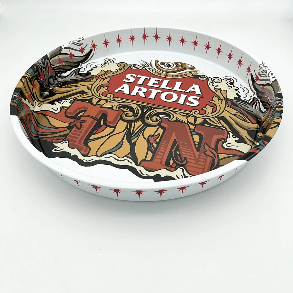 Wholesale Promotional round Metal Decorative Serving Tray Printed Bar Beer Tin Tray Bar Tools