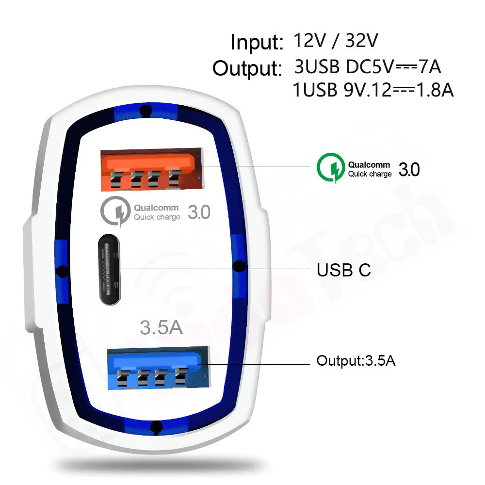 35w 7a 3 Ports 3 in 1 Mobile Phone LED PD Car Charger Type C And Dual Usb Fast Car Charger USB C Qc3.0 Quick Car Charger Adapter
