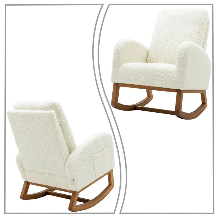 Luxury Design Living Room Wooden Legs Rocking Chair Light Beige Cover Fabric Chair Home Furniture Leisure Chair for Living Room