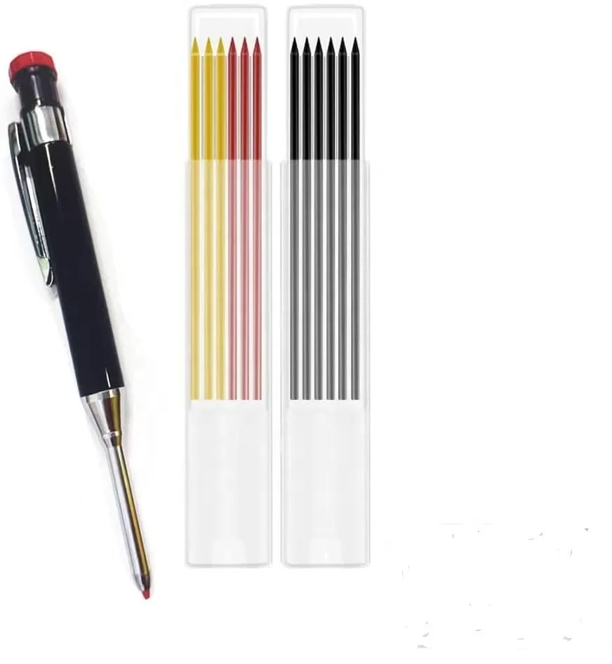 Solid Carpenter Pencil Set for Construction Built-in Sharpener Deep Hole Mechanical Drawing Wood Glass Ceramic Metal