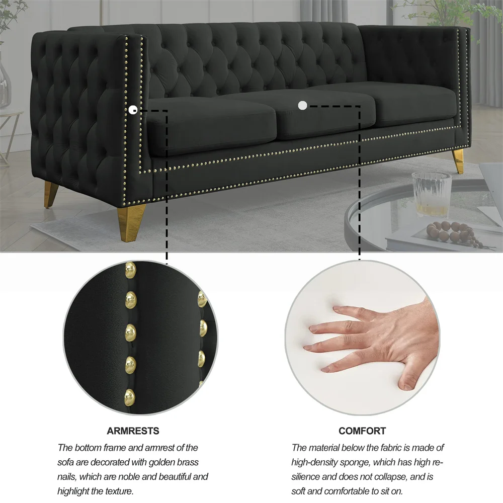 Traditional Retro Oversized 3 Deep Seat Chesterfield Sofa Black Velvet Upholstered Futon Tufted Couches with Button Nailhead