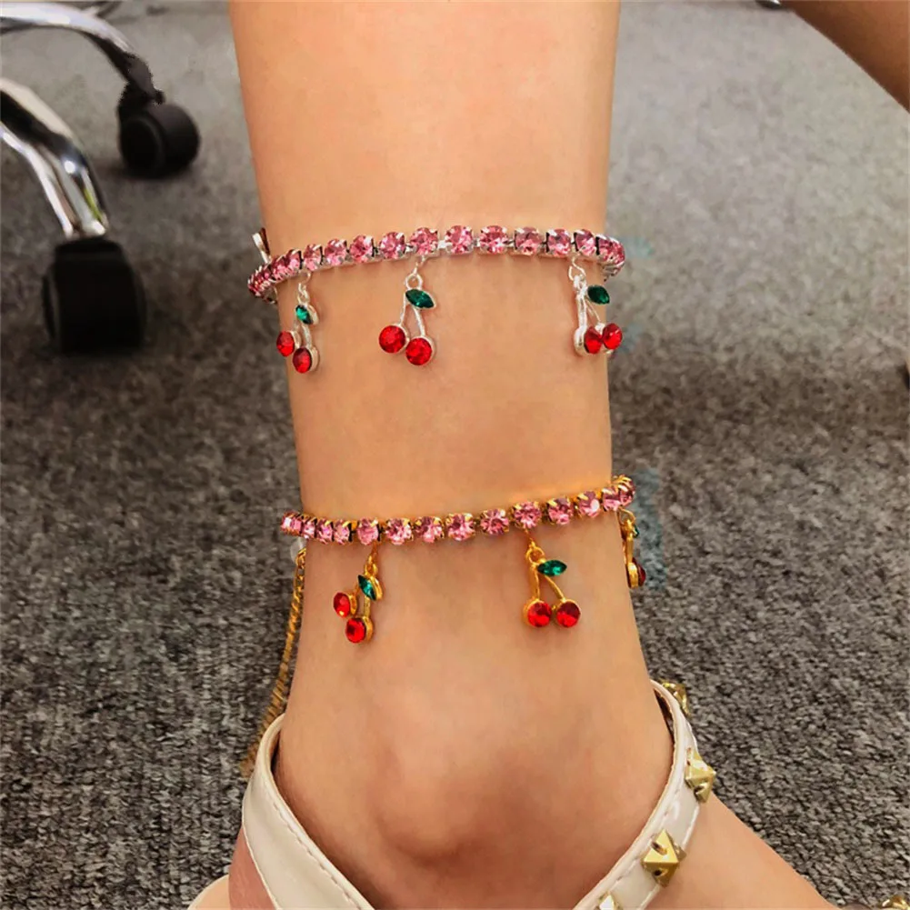 Cherry Pendent Iced out bling tennis foot chain leg chain for women Luxury 5A cubic zirconia cz Diamond Anklet Fashion