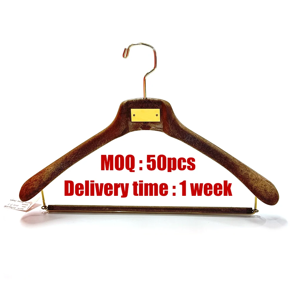 Custom Hotel Luxury Wood Coat Suit Hangers Wide Shoulder ABS Flocking Boutique Clothes Hanger Wooden