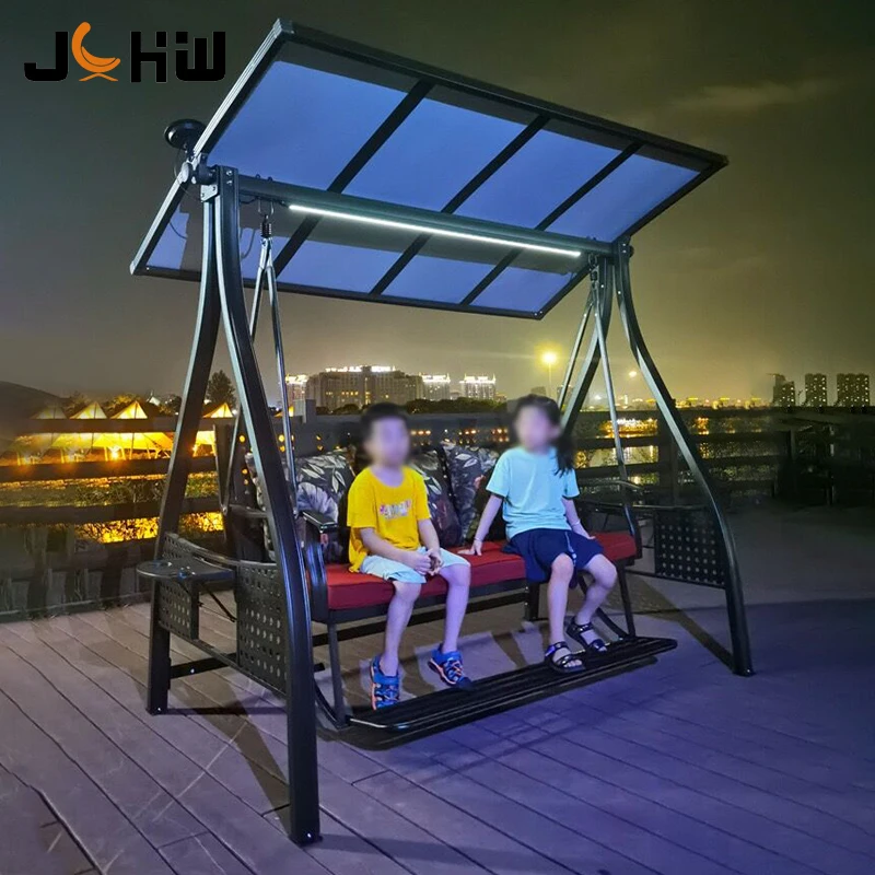 Hot Sale 3 Seats Garden Swing Set with Solar Energy Light Metal Balcony Canopy Patio Swing