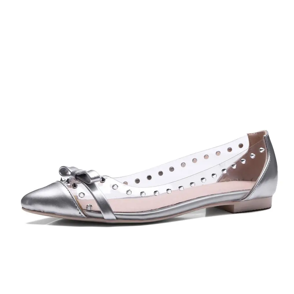 
New Arrival Rivets Bow Slip on Pointed Toe Transparent Fashion Ladies Shoes Women Flats 