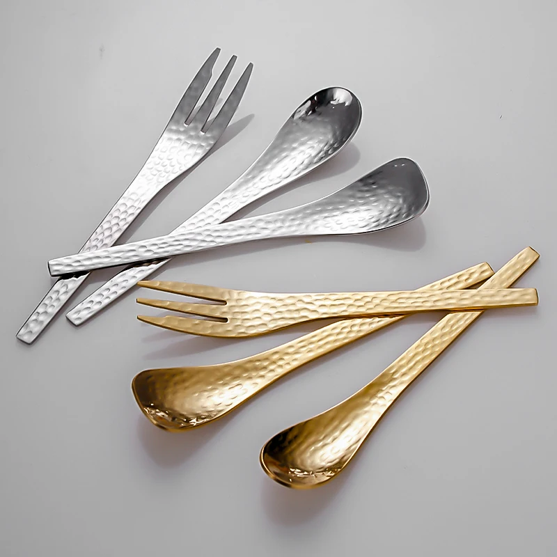 304 Stainless Steel Household Spoon Coffee Modern Simple Hammer Point Pattern Fruit Fork Cake Set Wholesale