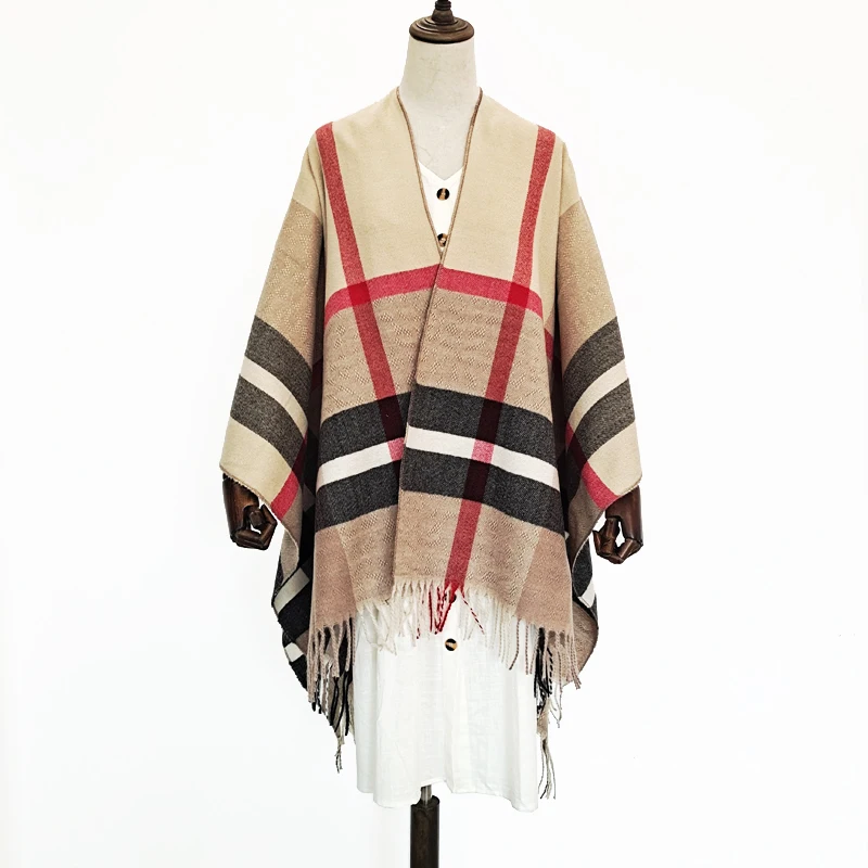 European and American style Spring and Autumn new  cloak AB Face Plaid split  acrylic woman shawl