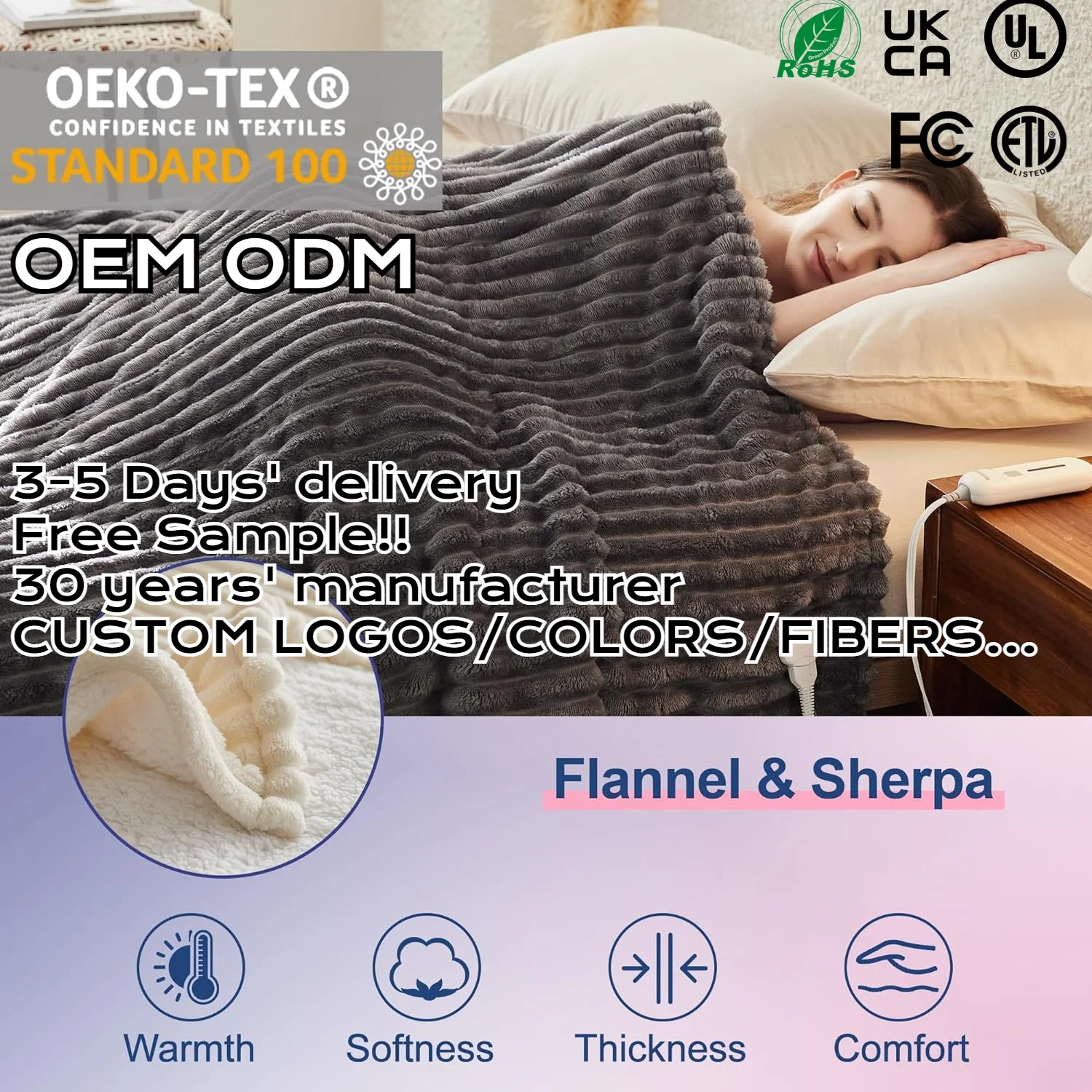 Fast Heating Tufted cold Flannel fleece Sherpa ElectricThrow Heating pad Heated Blanket with ETL Certification