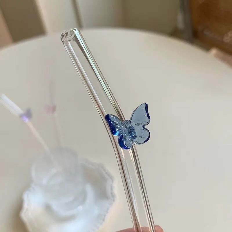 Hot selling item Glass straw with butterfly bow tie  bent straws for smoothie juice beverage  party office wedding 200*8mm size