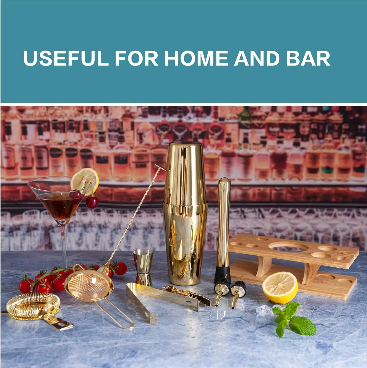 Bartender Kit and Bar Tool Set Clubs Design Tools Wooden Stand Stainless Steel Shaker