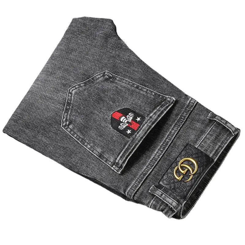 Высококачественные тонкие Молодежные черные мужские джинсы Fallr стрейч с прямой цилиндрической вышивкой (1600178279874)