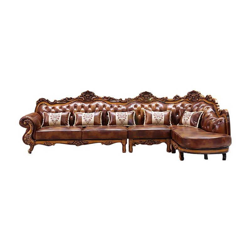 High Quality Antique Style Solid Sectional Sofa Set Wood Frame Sofas Luxury Design Leather European Royal Series Couch