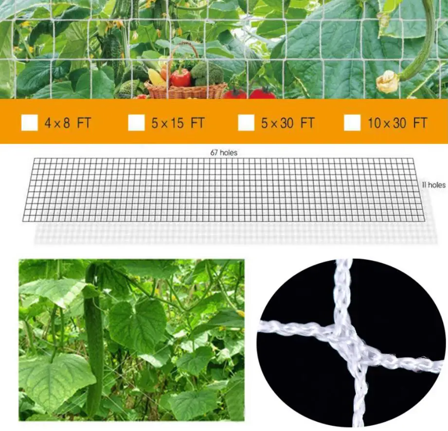 Heavy-duty Polyester Plant Trellis Netting 5 x 15ft Square Mesh Net for Climbing Plant Fruits, Vegetables